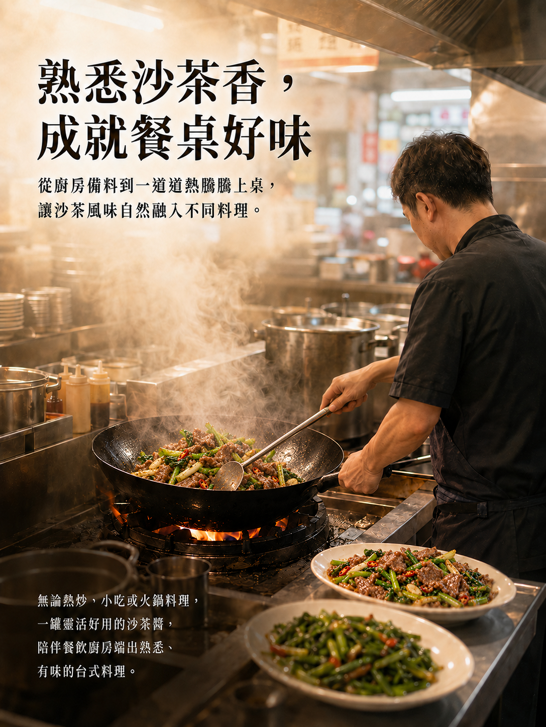 福寶沙茶醬2700g餐飲廚房出餐情境，呈現沙茶醬在台式熱炒料理及餐飲出餐中的應用