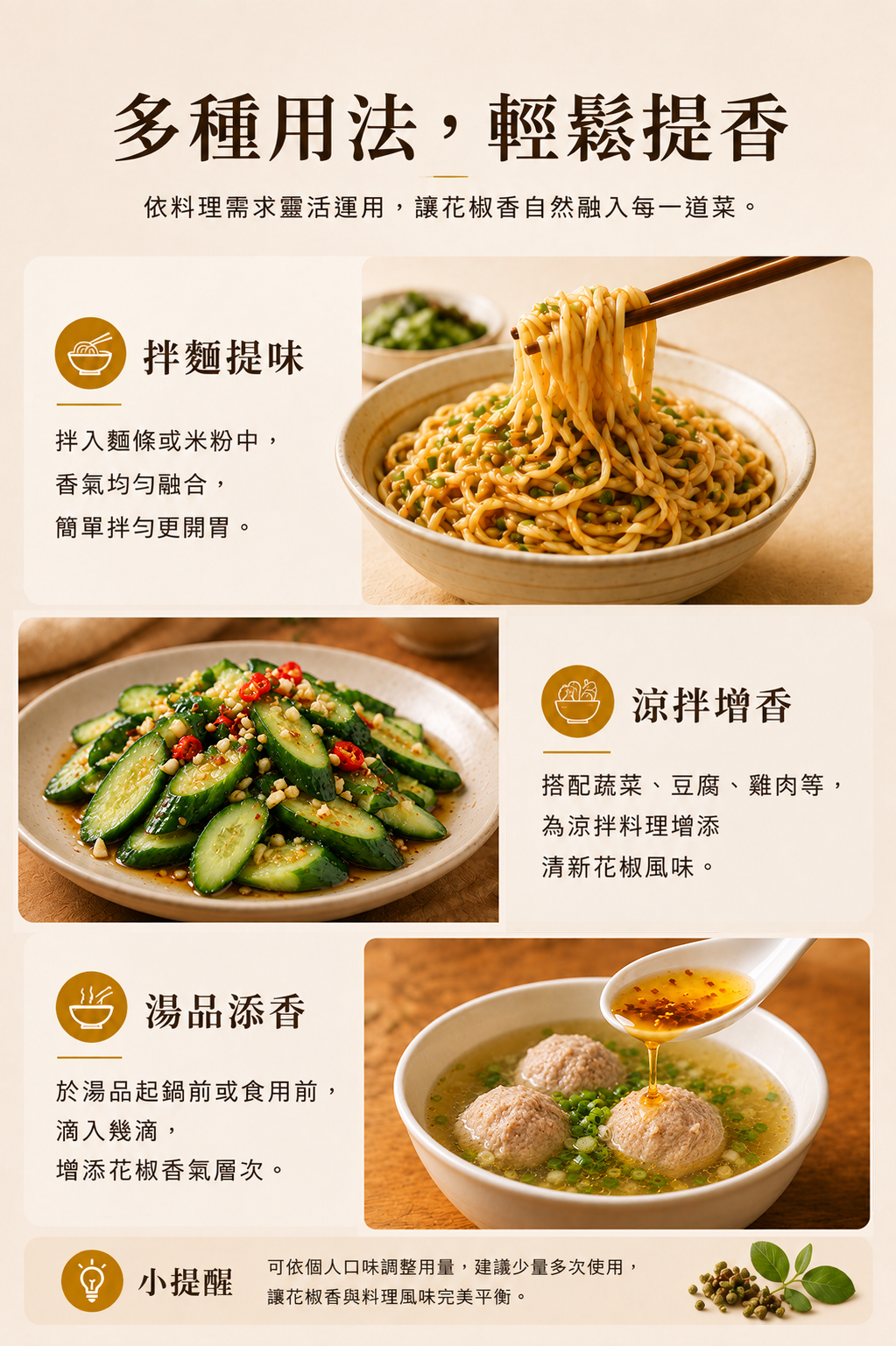 福華牌花椒油核心特色讓花椒香自然融入料理，適合拌麵、涼拌料理及湯品提香